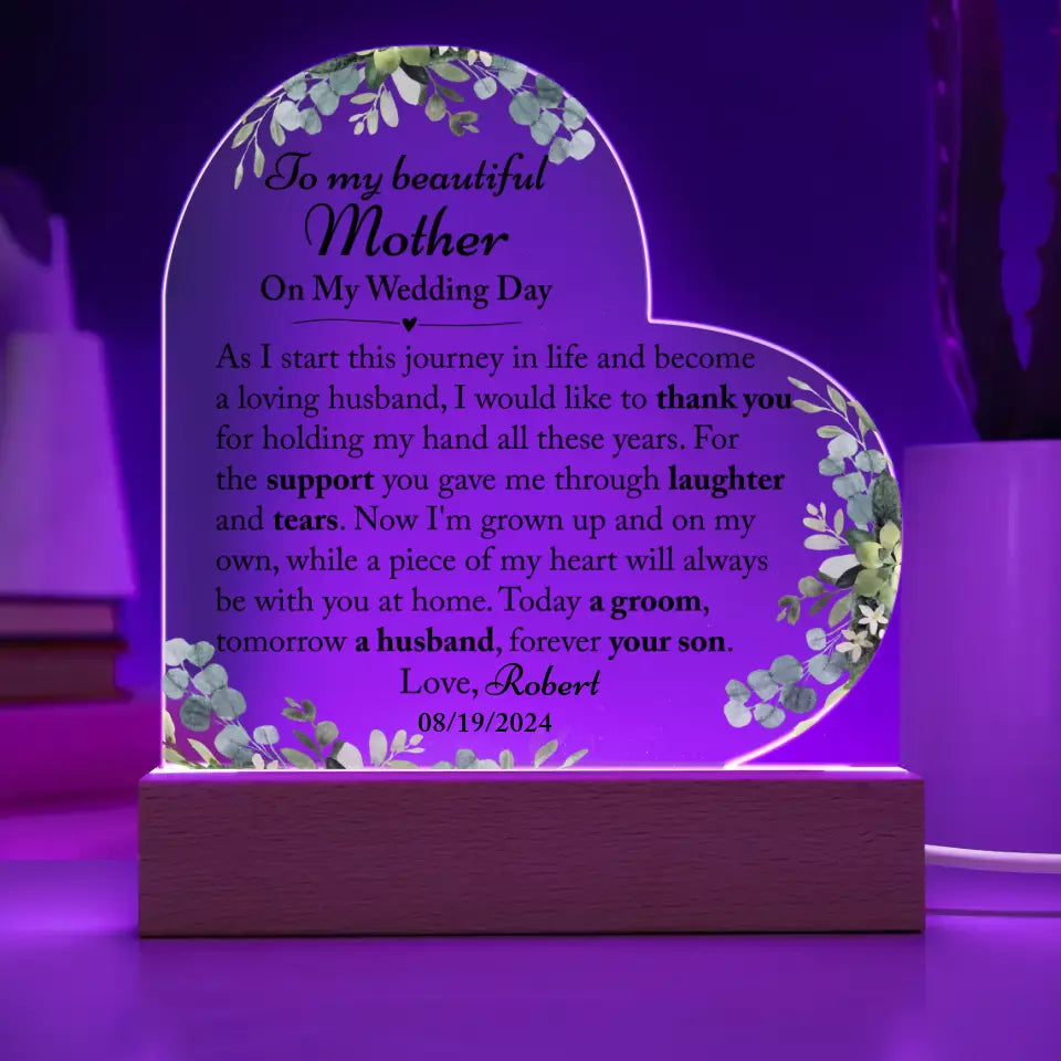 Mother Of The Groom Gift From Son, Mom Wedding Gift, Groom To Mom, Acrylic Heart Plaque