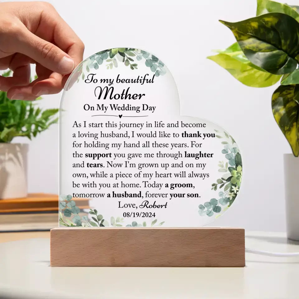 Mother Of The Groom Gift From Son, Mom Wedding Gift, Groom To Mom, Acrylic Heart Plaque