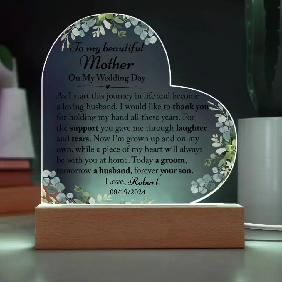 Mother Of The Groom Gift From Son, Mom Wedding Gift, Groom To Mom, Acrylic Heart Plaque