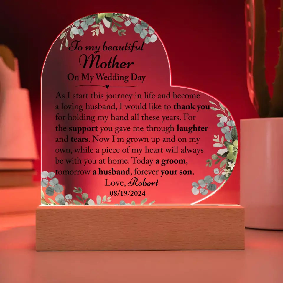 Mother Of The Groom Gift From Son, Mom Wedding Gift, Groom To Mom, Acrylic Heart Plaque