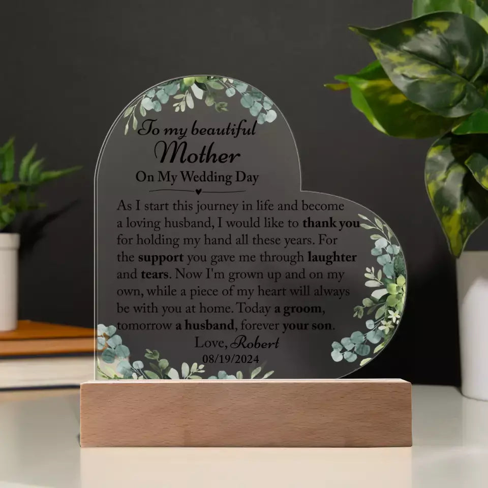 Mother Of The Groom Gift From Son, Mom Wedding Gift, Groom To Mom, Acrylic Heart Plaque