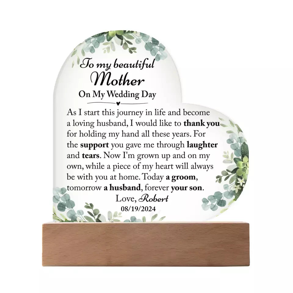 Mother Of The Groom Gift From Son, Mom Wedding Gift, Groom To Mom, Acrylic Heart Plaque