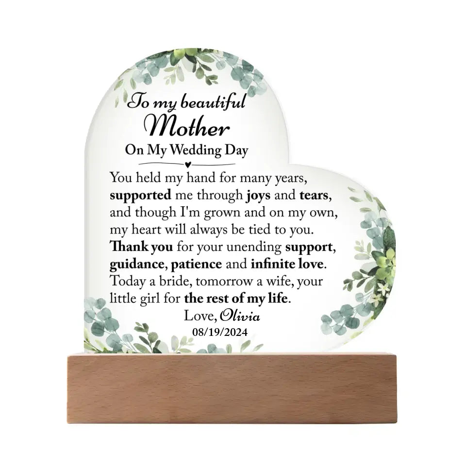 Wedding Day Gift For Mom From Bride, Wedding Gift For Mom - Custom Heart Acrylic Plaque