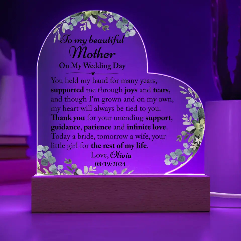 Wedding Day Gift For Mom From Bride, Wedding Gift For Mom - Custom Heart Acrylic Plaque