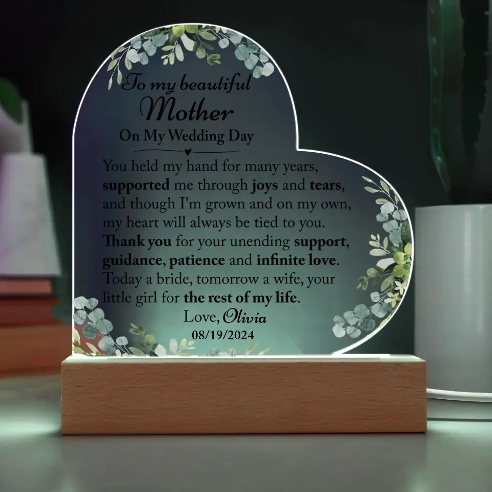 Wedding Day Gift For Mom From Bride, Wedding Gift For Mom - Custom Heart Acrylic Plaque