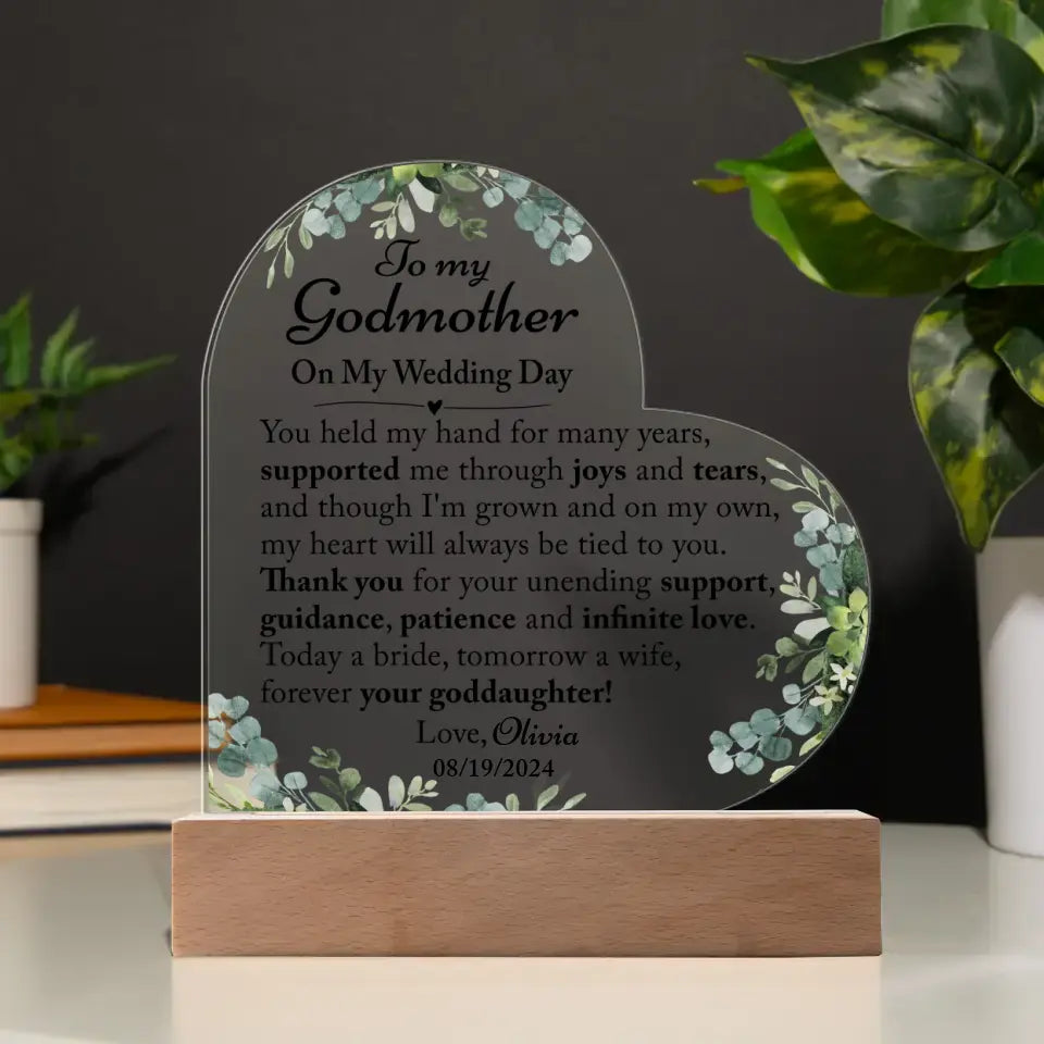 Wedding Day Gift For Godmother From Bride, Wedding Gift For Godmom - Custom Heart Acrylic Plaque