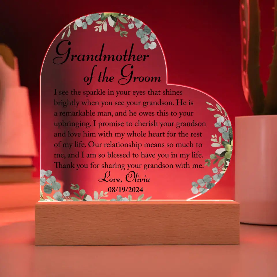 Grandmother Of Groom Gifts From Bride, Acrylic Heart Plaque Wedding Gifts