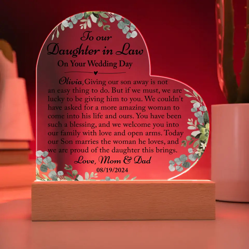 To Our Daughter-In-Law Gift On Wedding Day, Personalized Gift For Bride From Mother & Father In Law