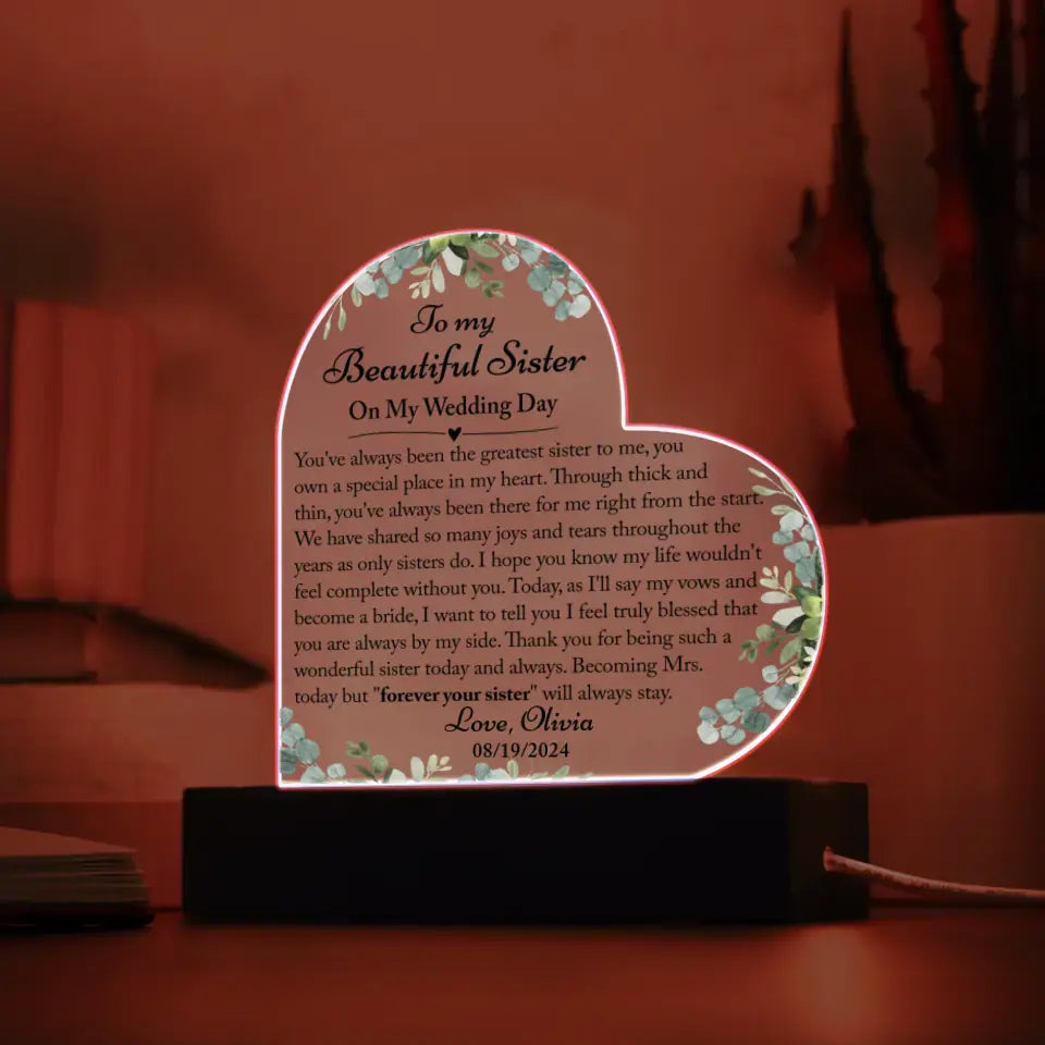 Sister Of The Bride Gifts, Sister Wedding Gift From Bride - Heart Acrylic Plaque