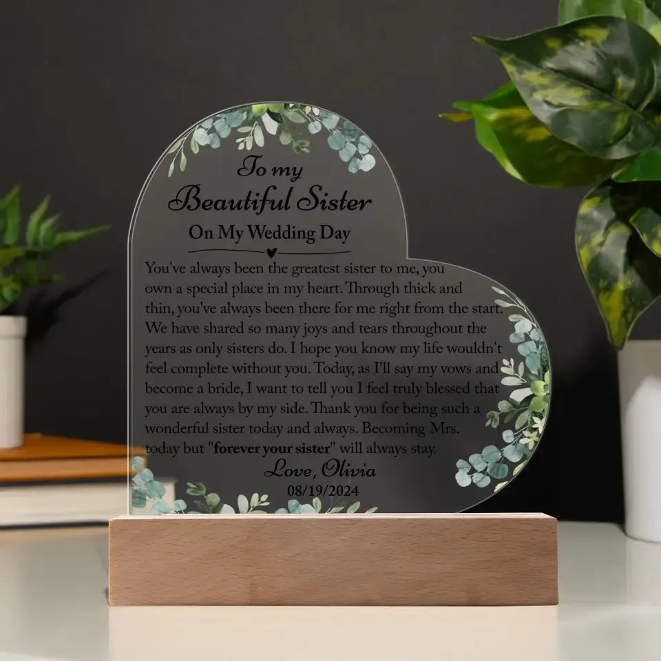 Sister Of The Bride Gifts, Sister Wedding Gift From Bride - Heart Acrylic Plaque