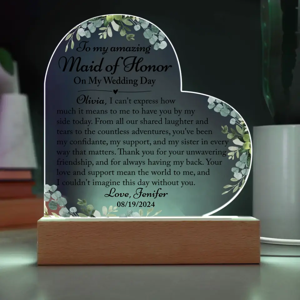 Maid Of Honor Thank You Gift, Thank You Gift From Bride - Custom Heart Acrylic Plaque