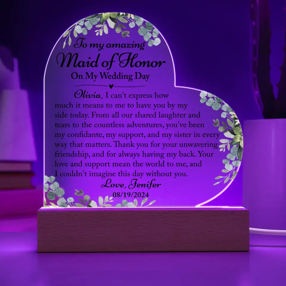 Maid Of Honor Thank You Gift, Thank You Gift From Bride - Custom Heart Acrylic Plaque