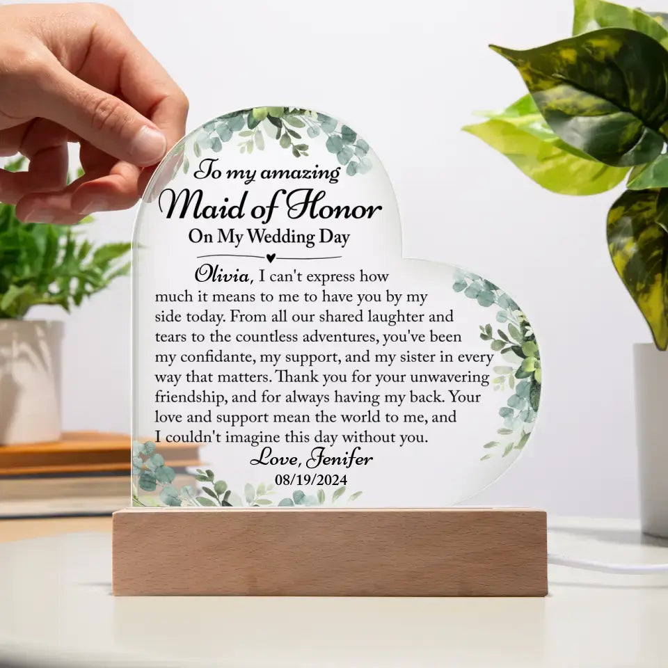 Maid Of Honor Thank You Gift, Thank You Gift From Bride - Custom Heart Acrylic Plaque