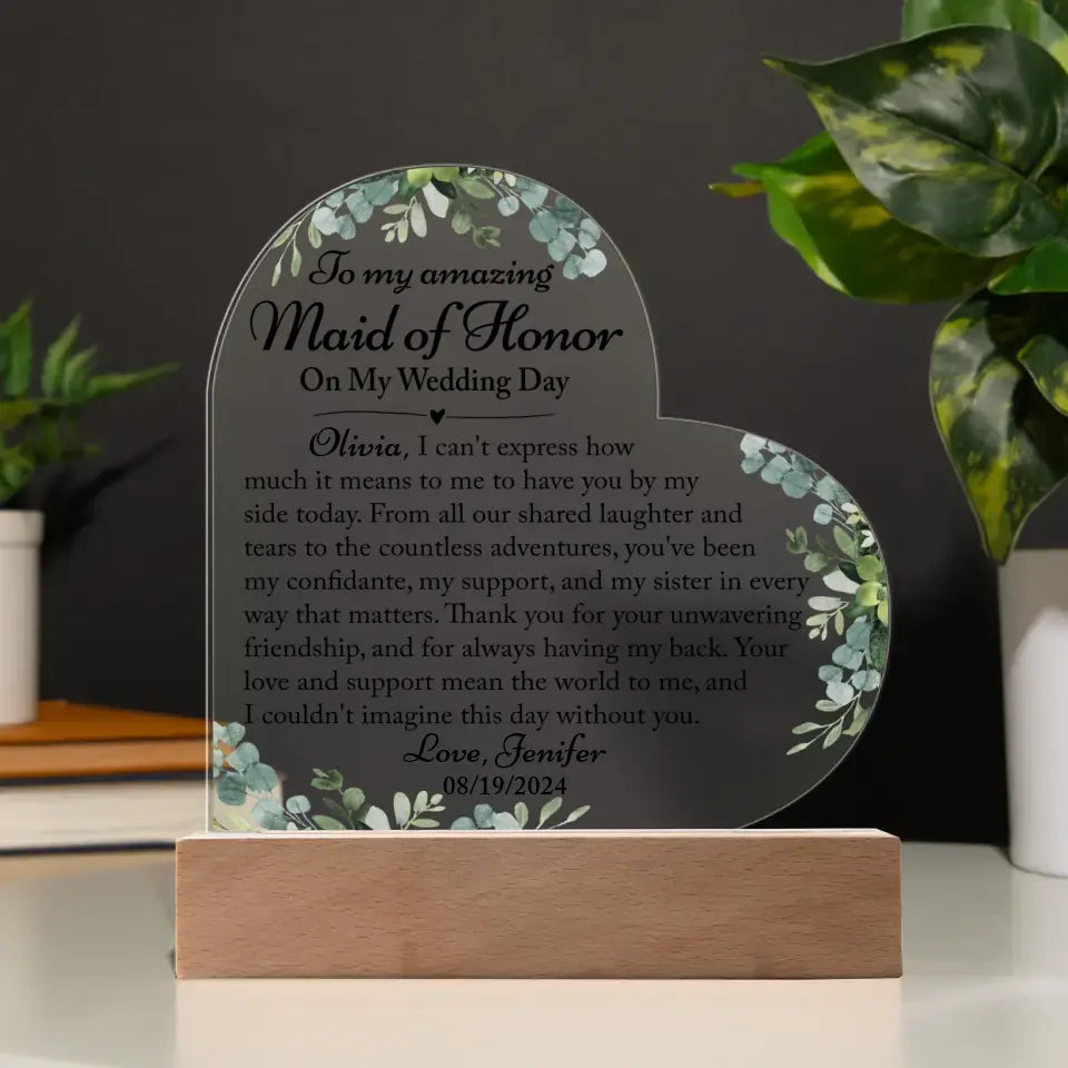 Maid Of Honor Thank You Gift, Thank You Gift From Bride - Custom Heart Acrylic Plaque