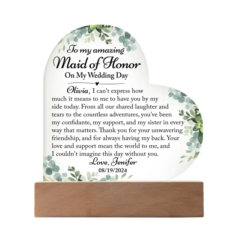 Maid Of Honor Thank You Gift, Thank You Gift From Bride - Custom Heart Acrylic Plaque