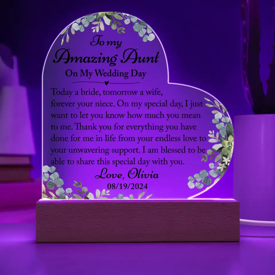 Aunt Of The Bride Gift On Wedding Day - Custom Heart Acrylic Plaque