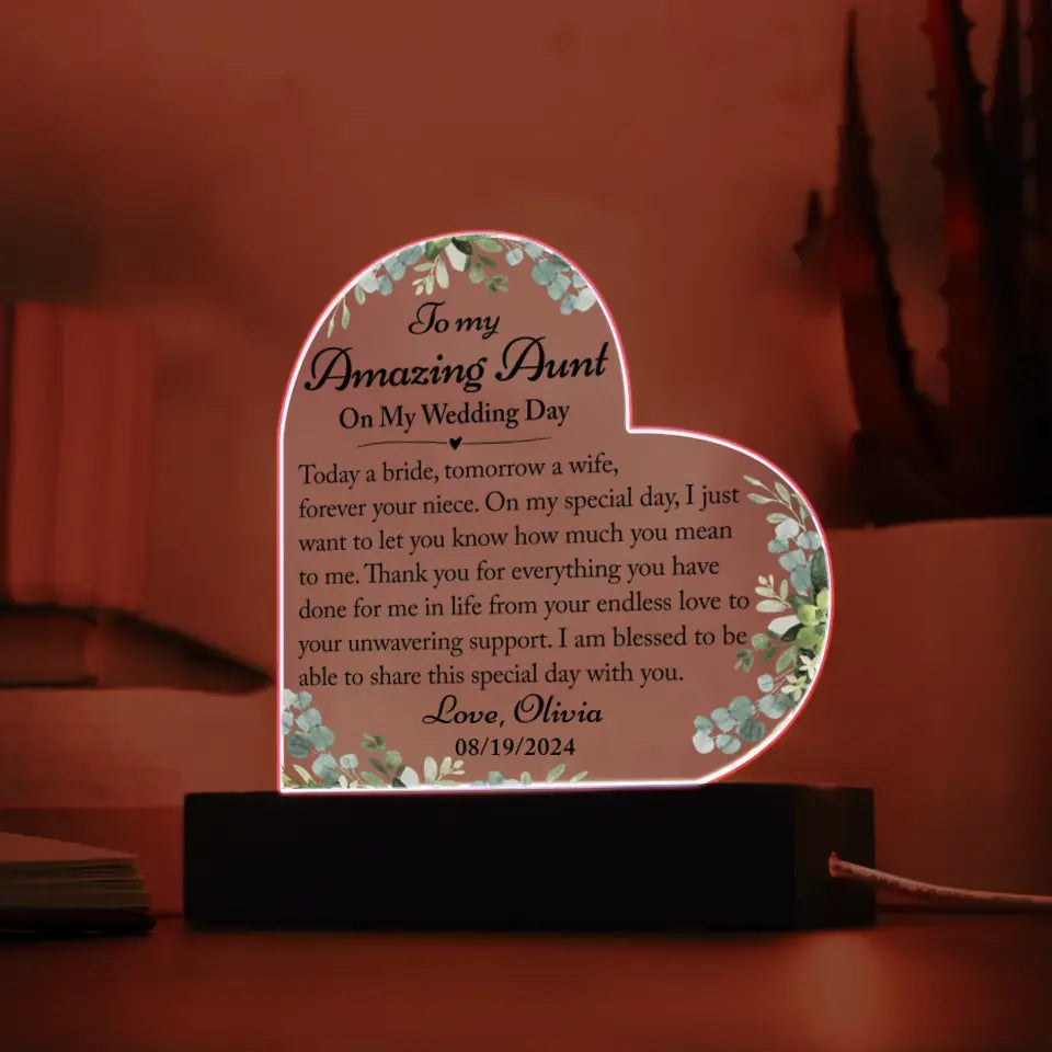 Aunt Of The Bride Gift On Wedding Day - Custom Heart Acrylic Plaque