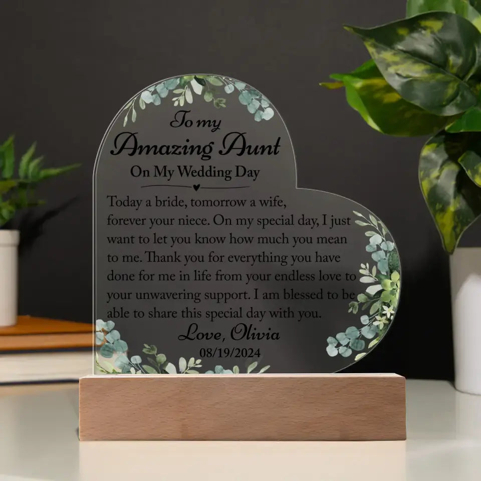 Aunt Of The Bride Gift On Wedding Day - Custom Heart Acrylic Plaque