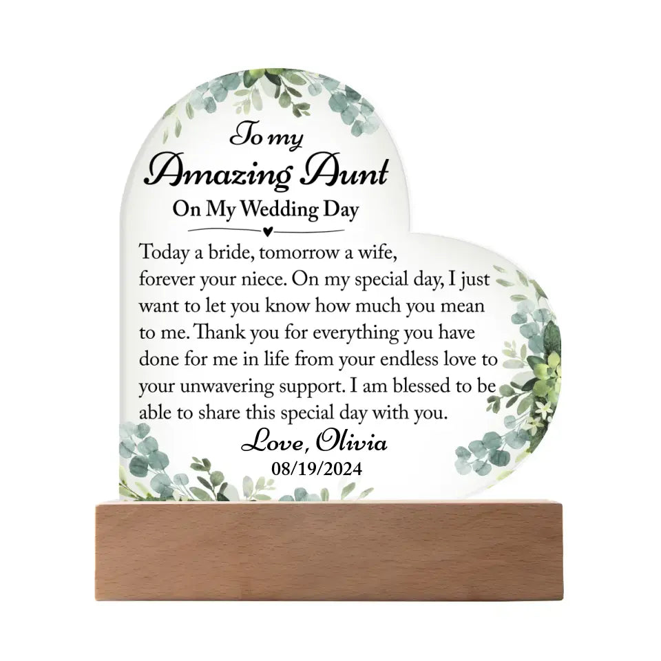 Aunt Of The Bride Gift On Wedding Day - Custom Heart Acrylic Plaque