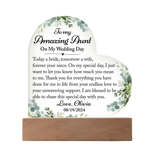 Aunt Of The Bride Gift On Wedding Day - Custom Heart Acrylic Plaque