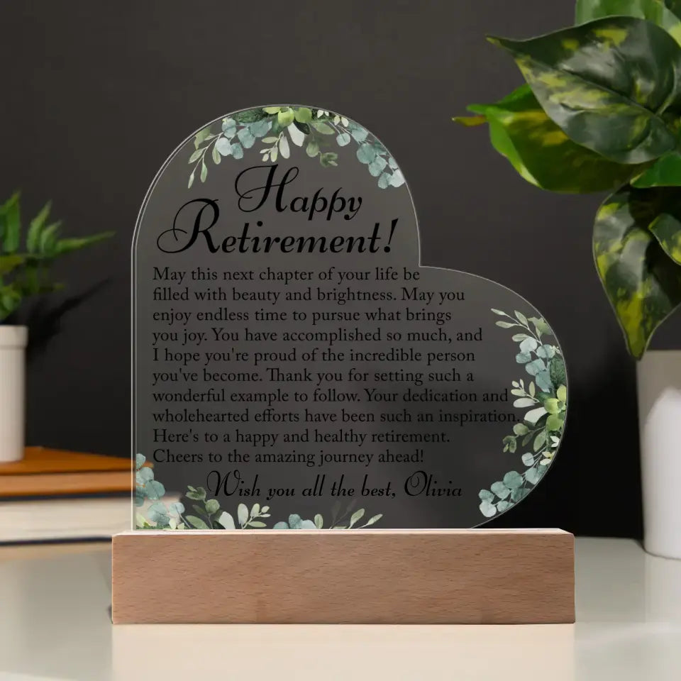 Happy Retirement Heart Acrylic Plaque, Retirement Gift For Her - A25