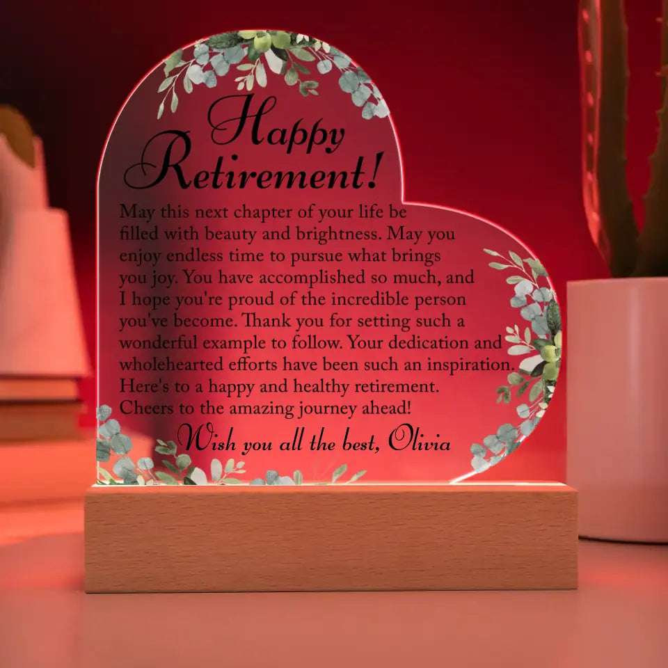 Happy Retirement Heart Acrylic Plaque, Retirement Gift For Her - A25