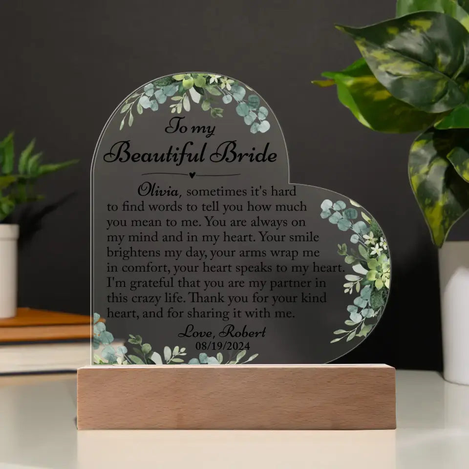 Gift For Bride From Groom - Custom Heart Acrylic Plaque - A30