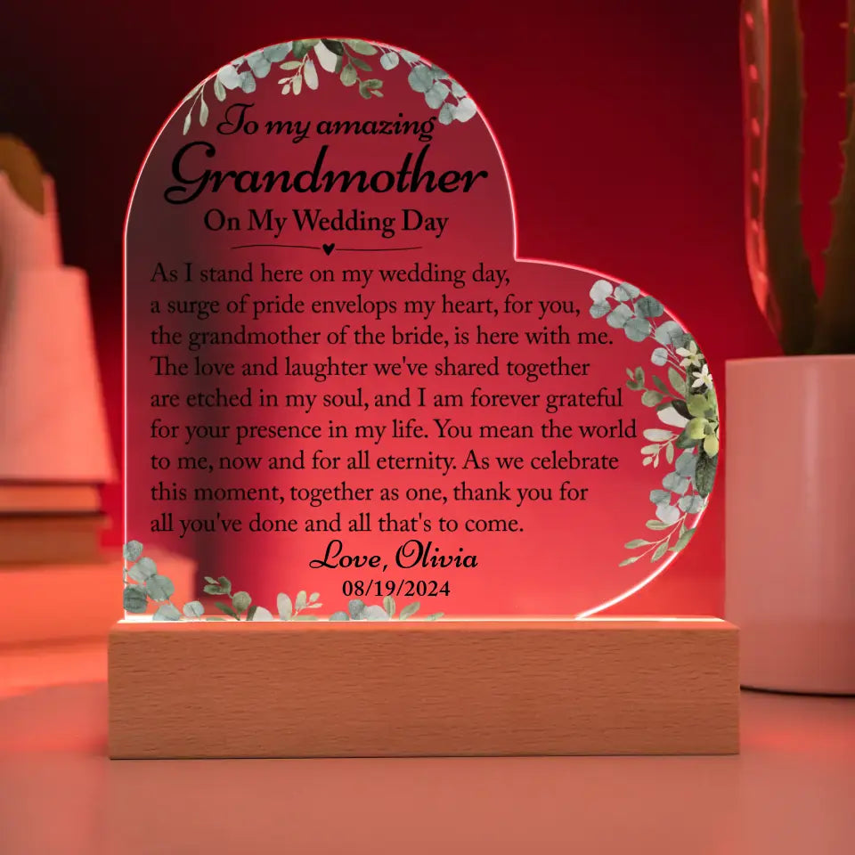 Grandmother Of The Bride Wedding Gift - Heart Acrylic Plaque - A40