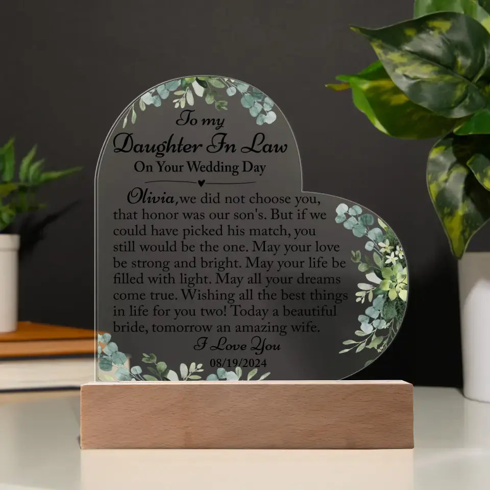 Daughter-In-Law Gift On Wedding Day - Custom Heart Acrylic Plaque - A41