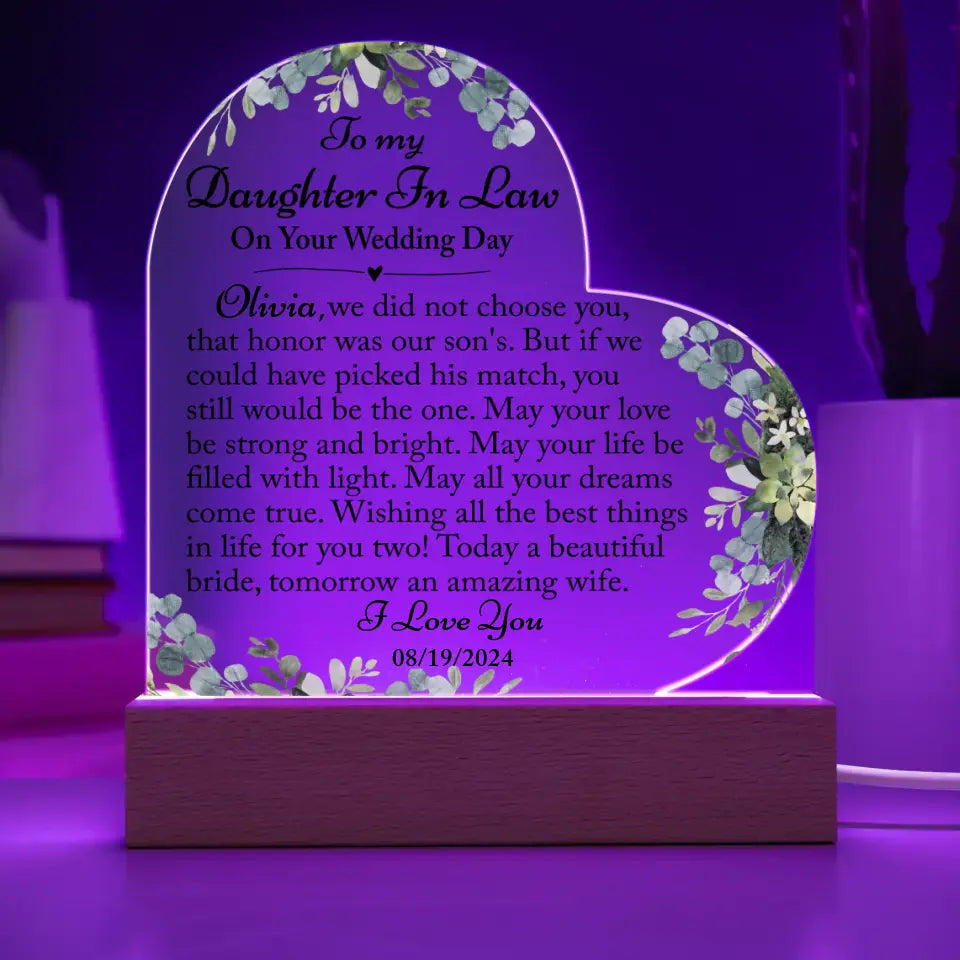 Daughter-In-Law Gift On Wedding Day - Custom Heart Acrylic Plaque - A41