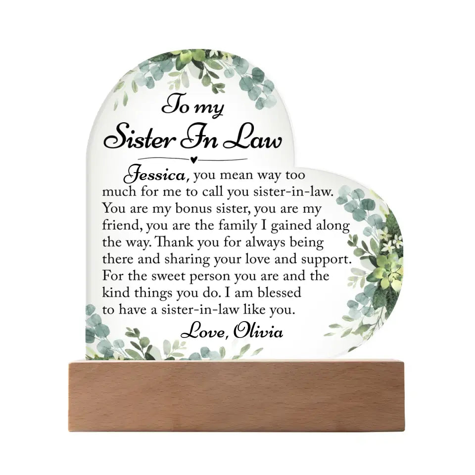 Sister In Law Gift, Sister In Law Custom Heart Acrylic Plaque - A42