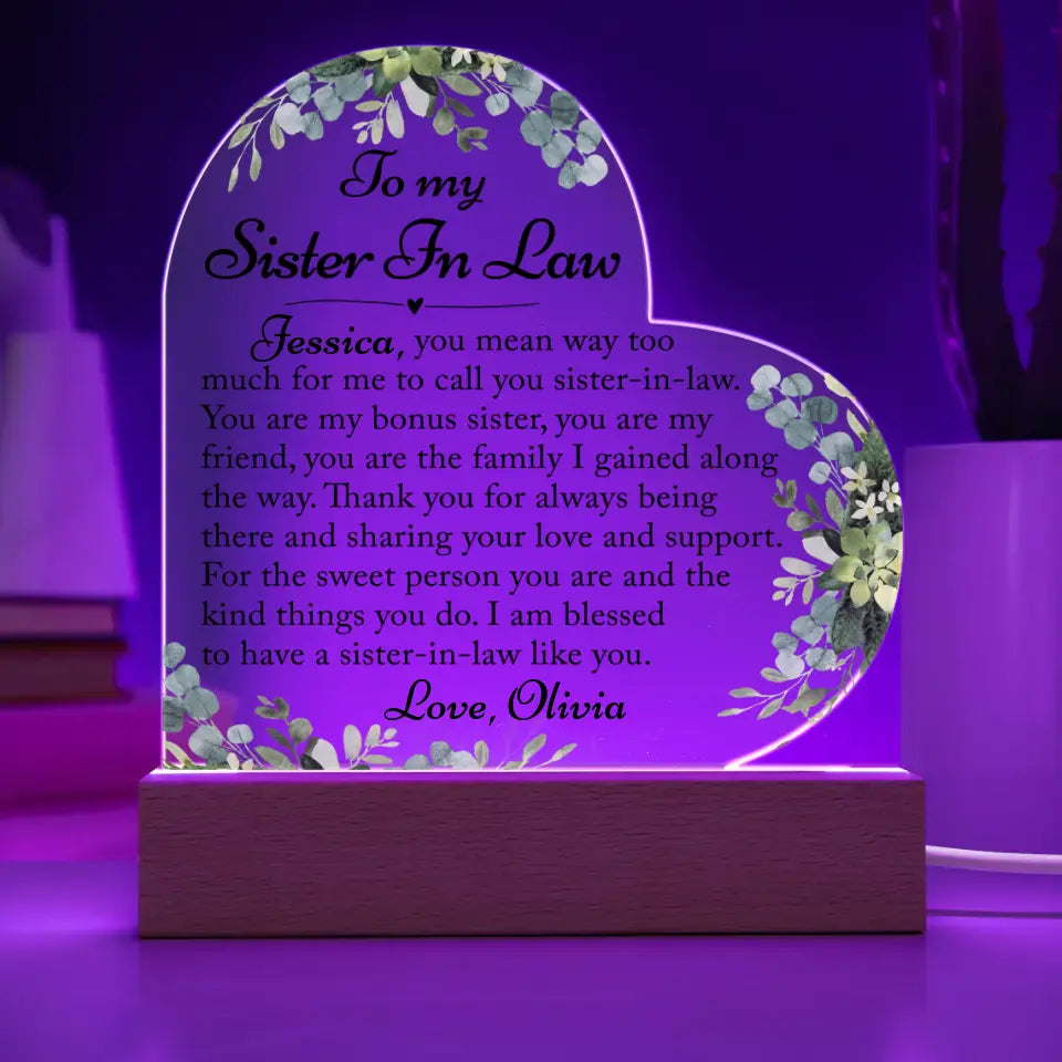 Sister In Law Gift, Sister In Law Custom Heart Acrylic Plaque - A42