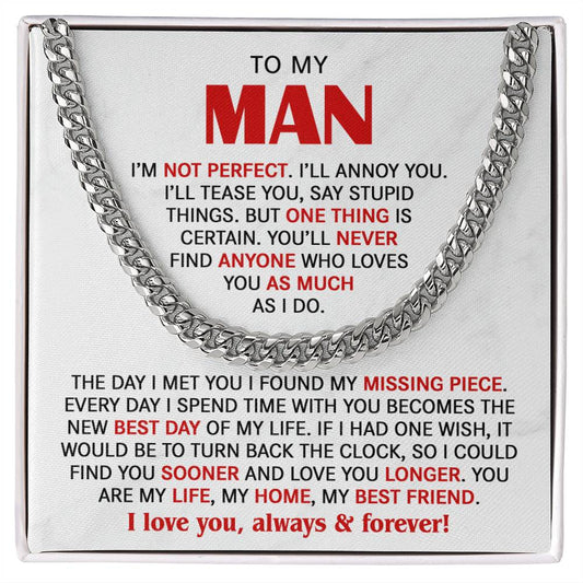 To My Man Cuban Chain Necklace, Husband Gifts from Wife, Gifts for Him - CUBAN LINK