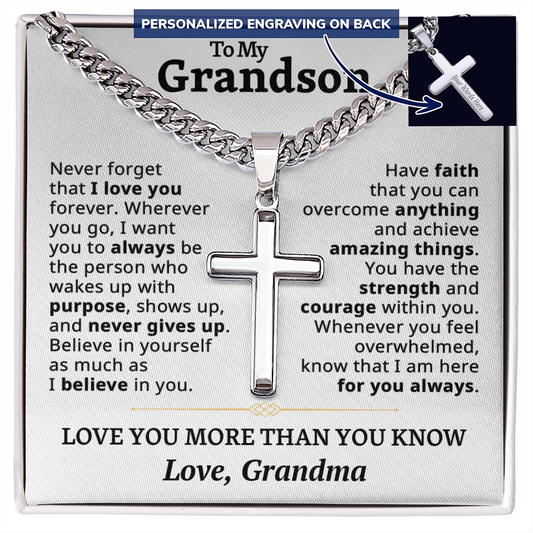 To My Grandson Personalized Cross with Cuban Link Chain - Gift From Grandma,